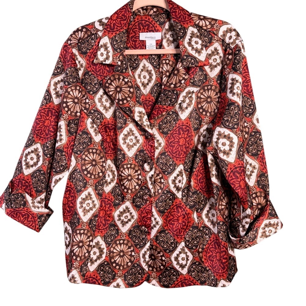 Dressbarn Jacket Women 2X Vintage Geometric Medallion Print Button Front 3/4 Slv